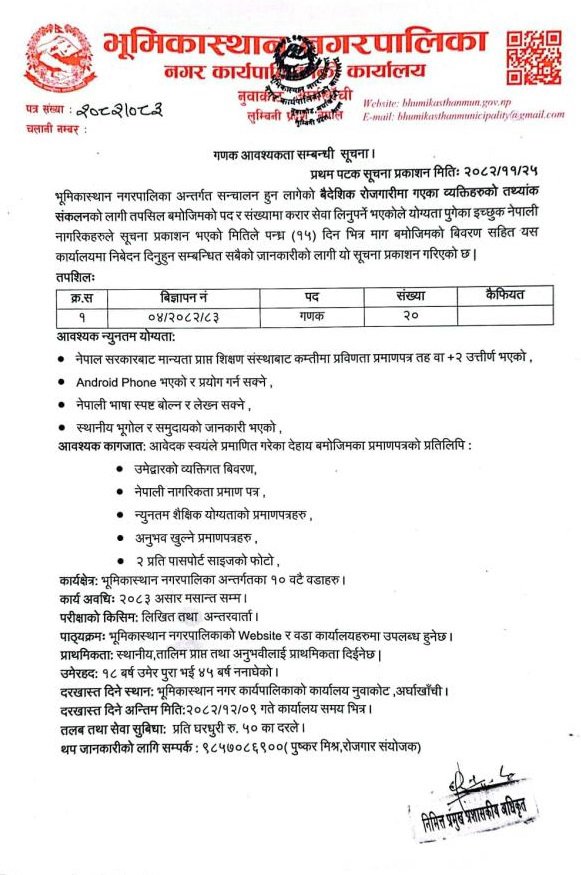 Bhumikasthan Municipality Arghakhanchi Vacancy Official Notice