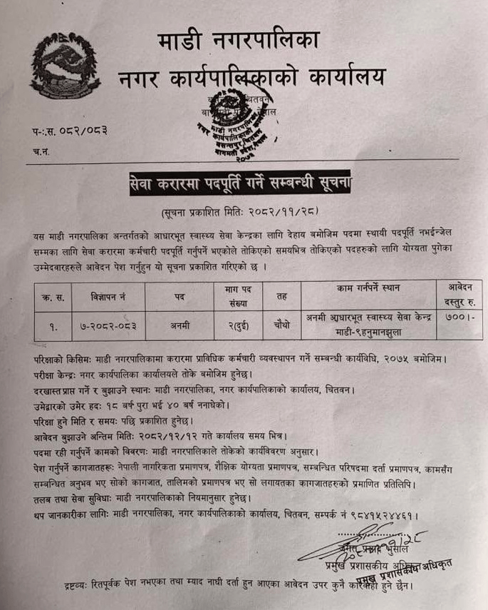 Madi Municipality Chitwan Vacancy Official Notice