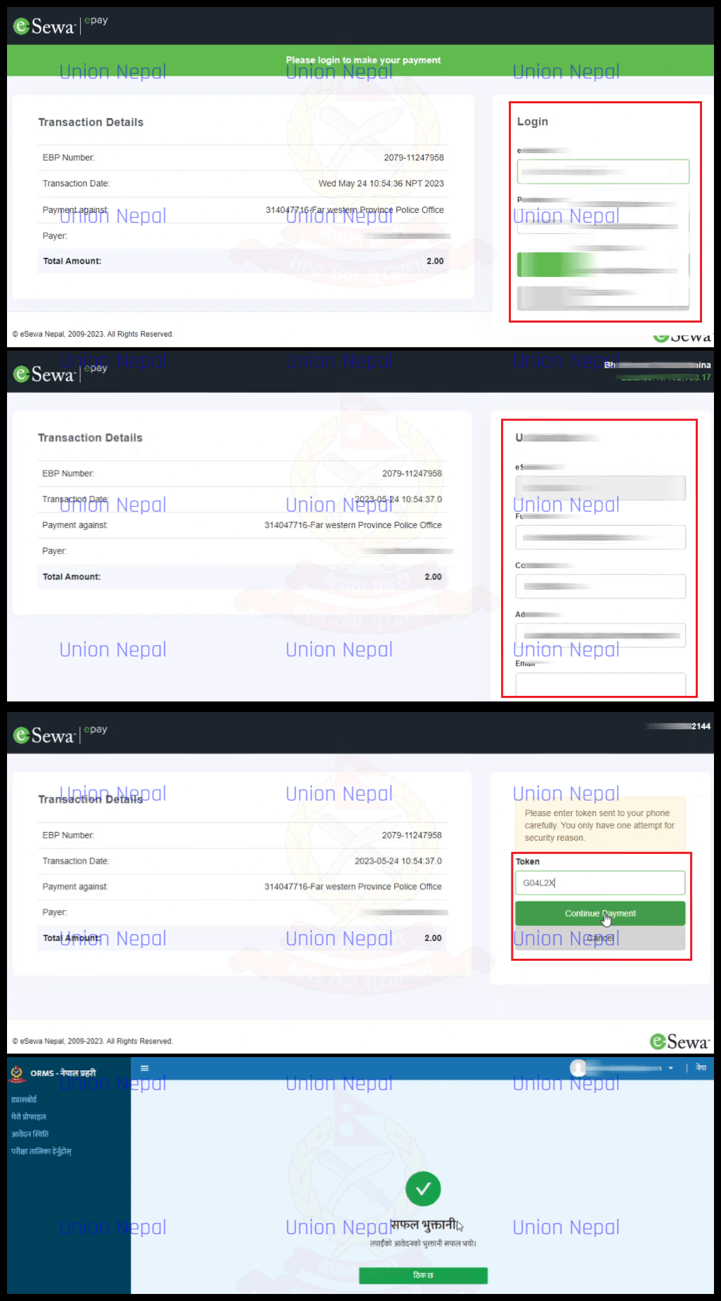 eSewa Payment Gateway Showing eSewa ID, Password Fields And Token Entry For Completing Online Payment