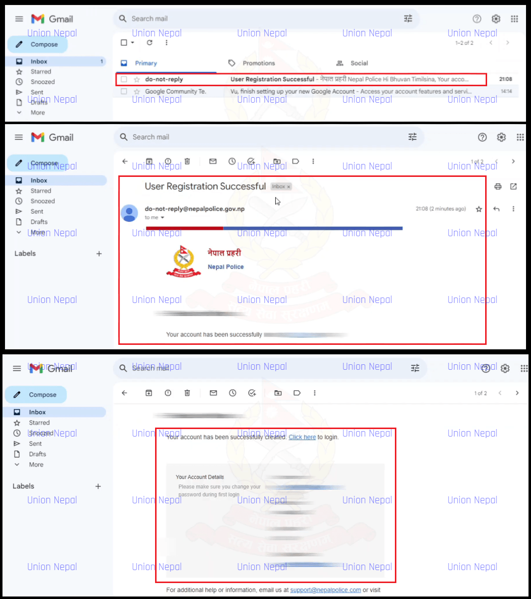 Inbox Showing Nepal Police ORMS Registration Success Email With Auto Generated Password