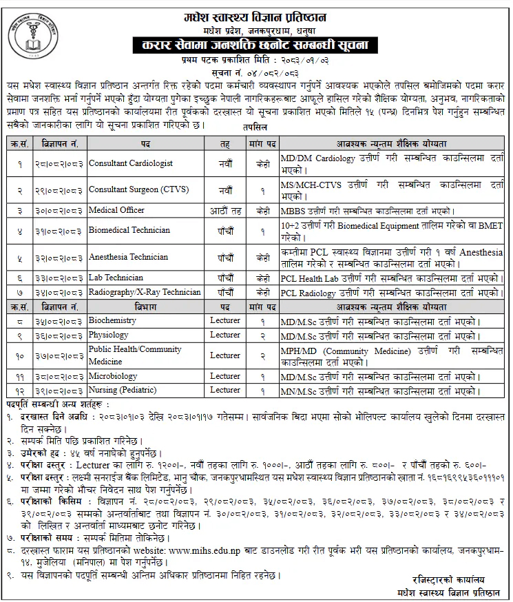 Madhesh Institute Of Health Sciences Vacancy Official Notice