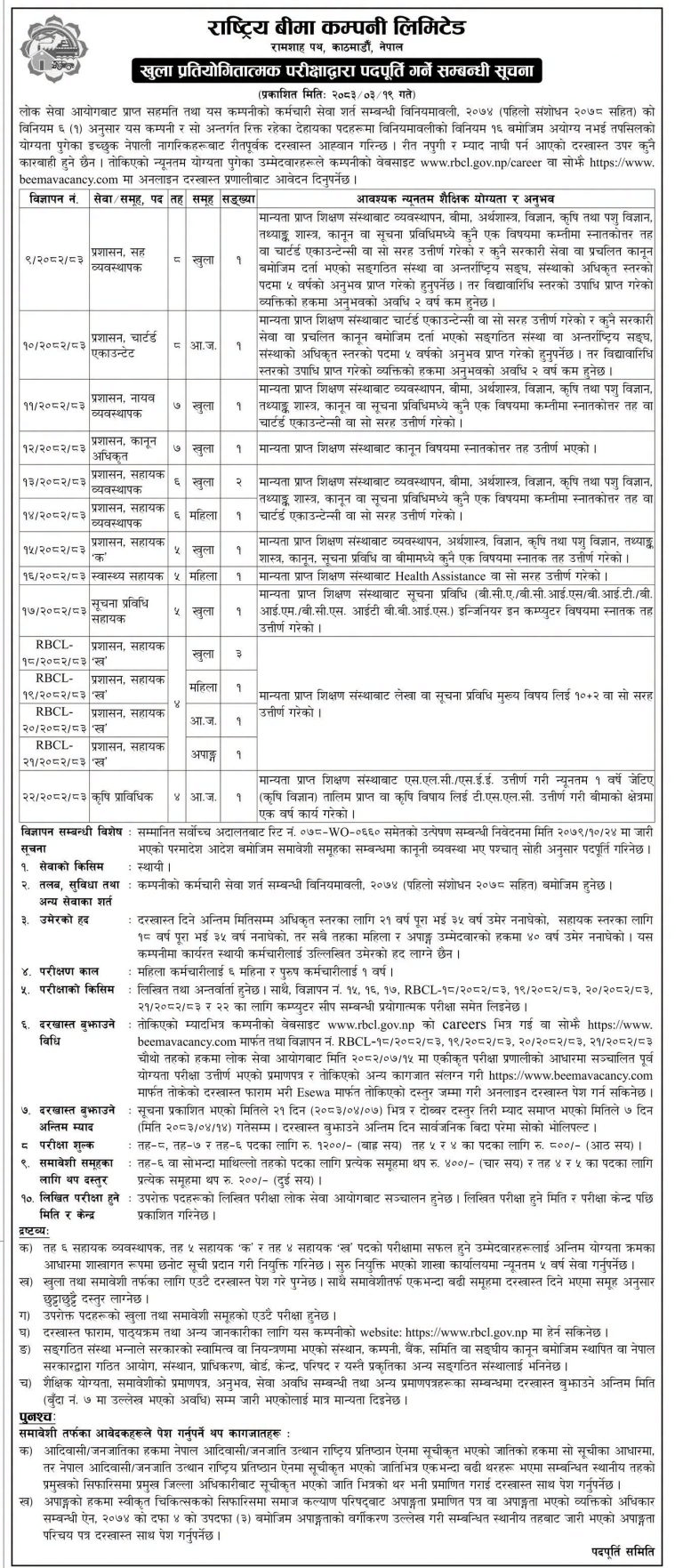 Rastriya Beema Company Limited Vacancy 2083 Official Notice